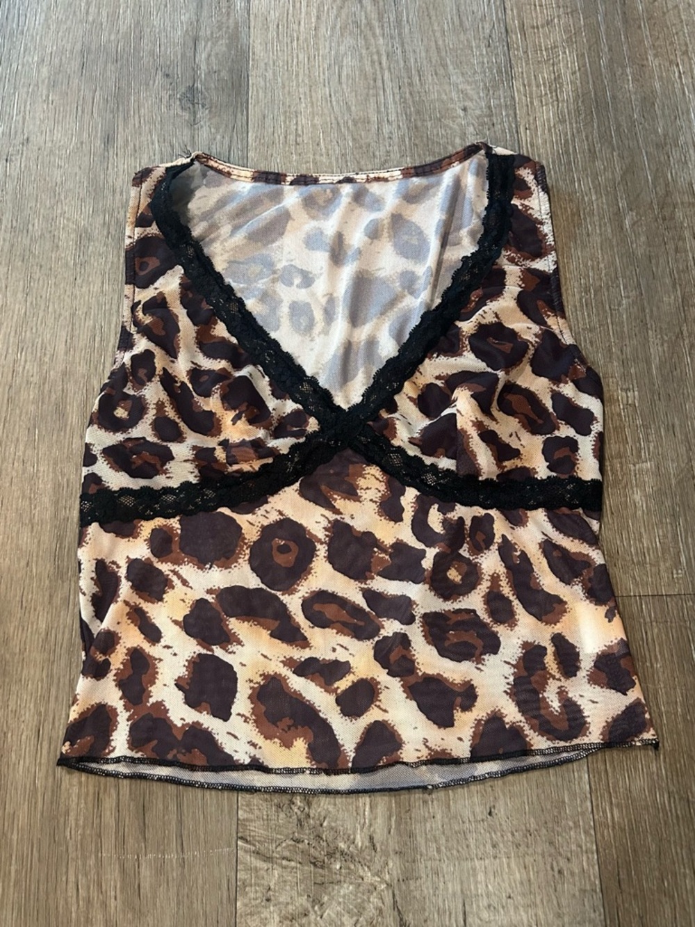 Leopard Print Mesh V-Neck Tank Top with Black Lace Trim. Size: S